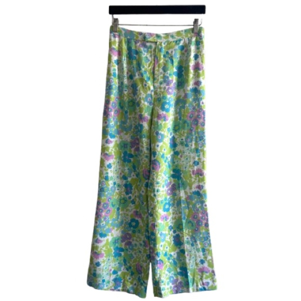 Vintage 60s Green Blue Floral Wide Leg Pants Retro Flower Power High Rise